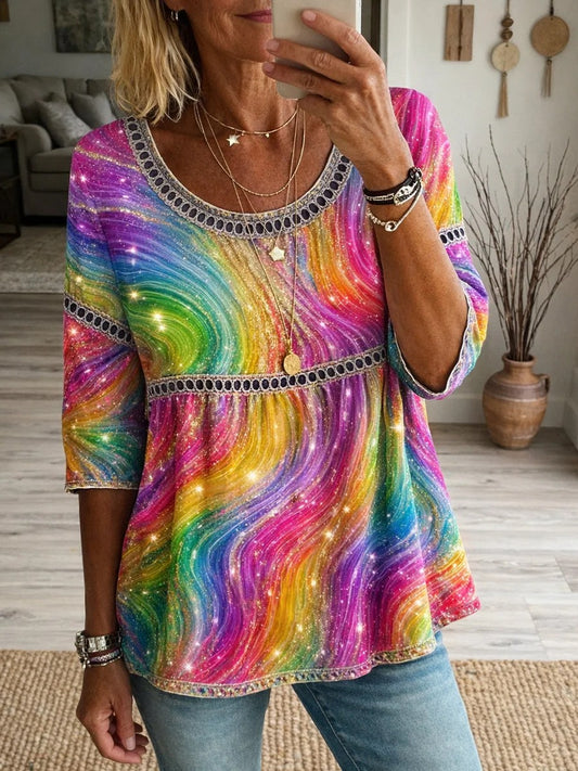 Damen Regenbogen-Kunstdruck Lässiges Rundhals-Rundhals-Oberteil