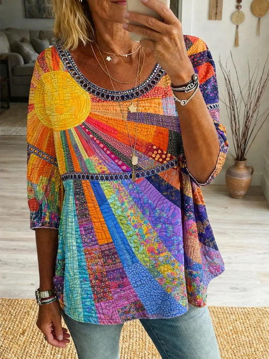 Damen Regenbogen-Kunstdruck Lässiges Rundhals-Top mit Ausschnitt
