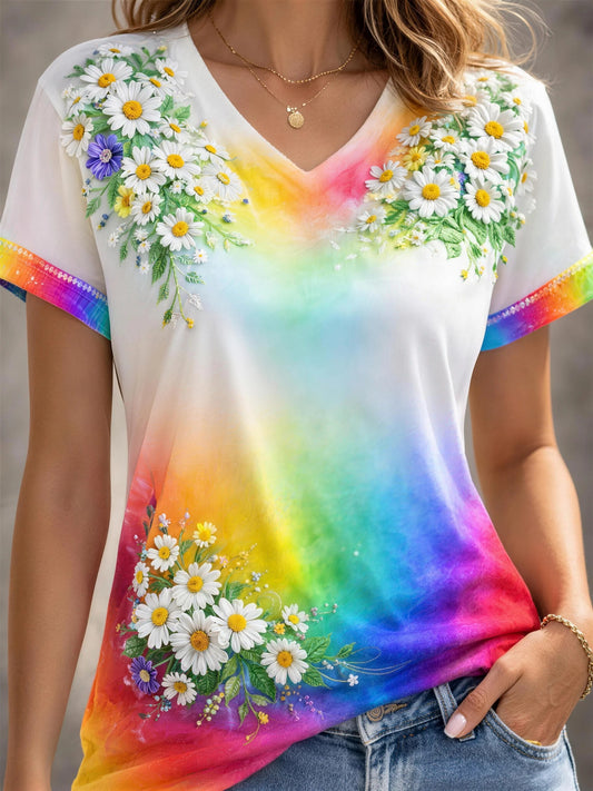 Damen-T-Shirt mit Regenbogen-Blumenmuster und V-Ausschnitt