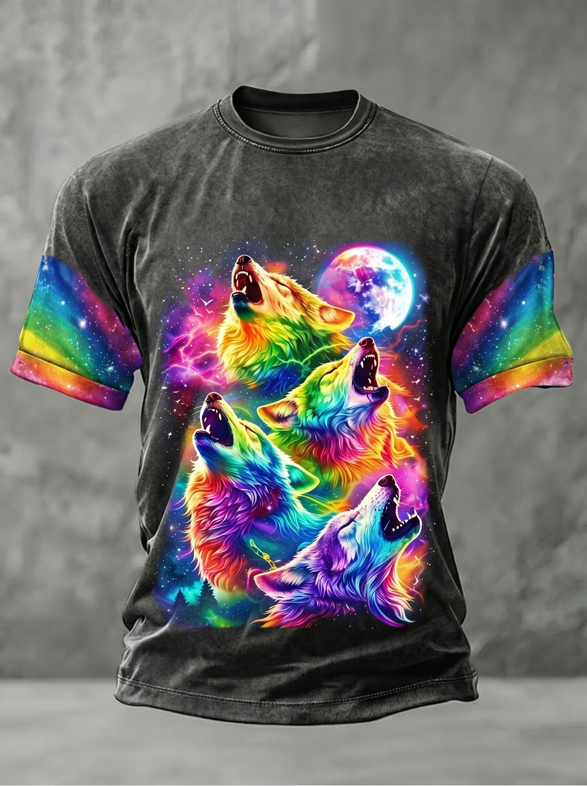 Herren Regenbogen Wolf Kunstdruck lässig T-Shirt