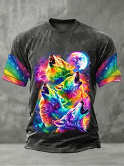 Herren Regenbogen Wolf Kunstdruck lässig T-Shirt
