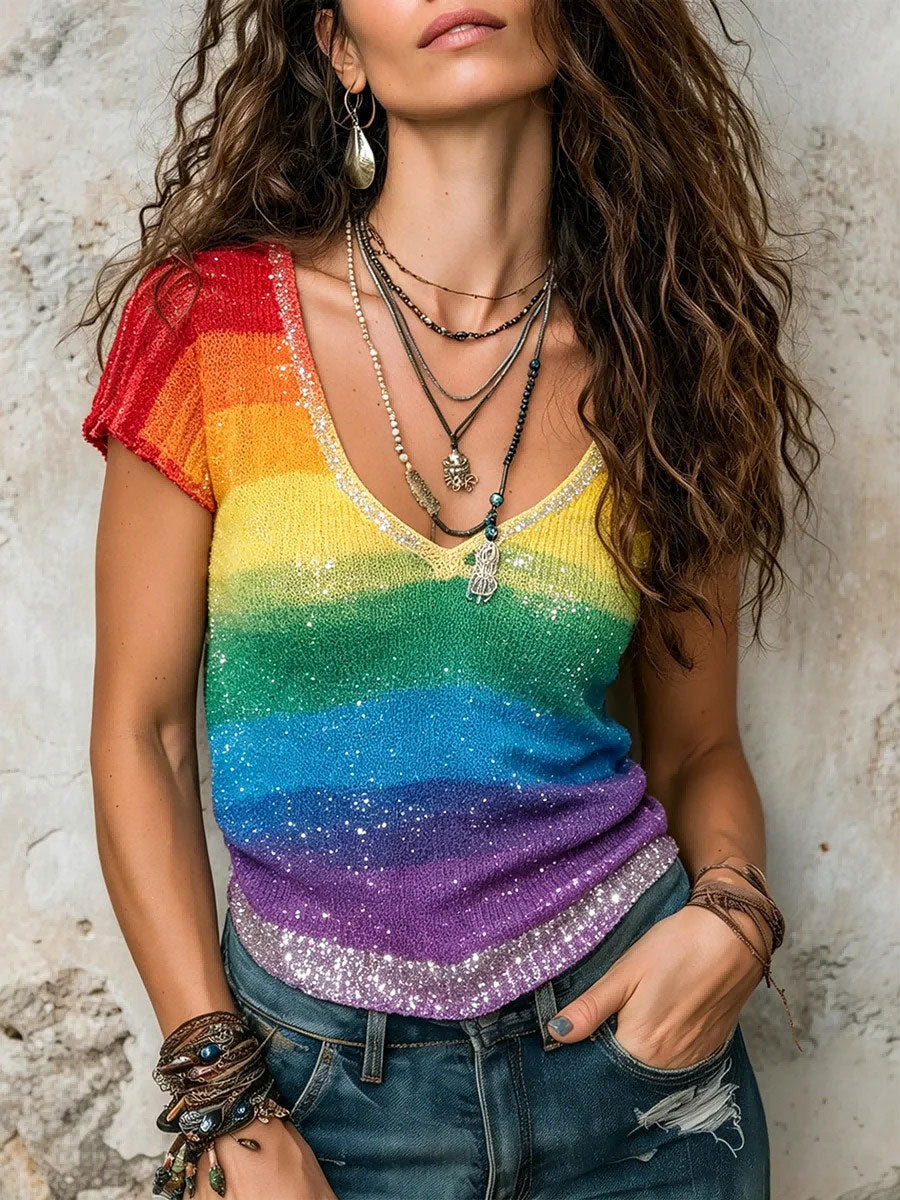 Damen Regenbogen Kunst Lässiges T-Shirt