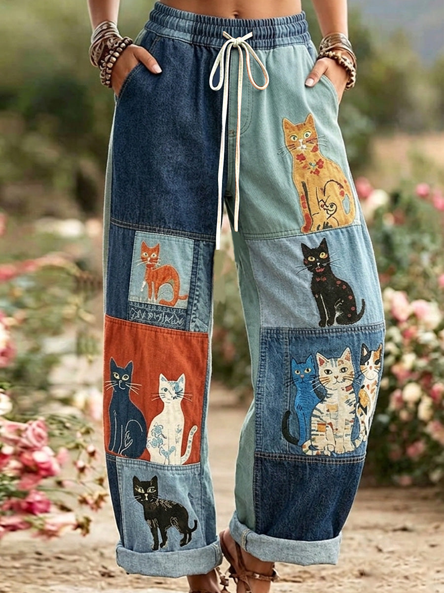 Damen Retro Katzen Print Freizeit hosen