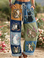 Damen Retro Floral Cat Print Freizeit hosen