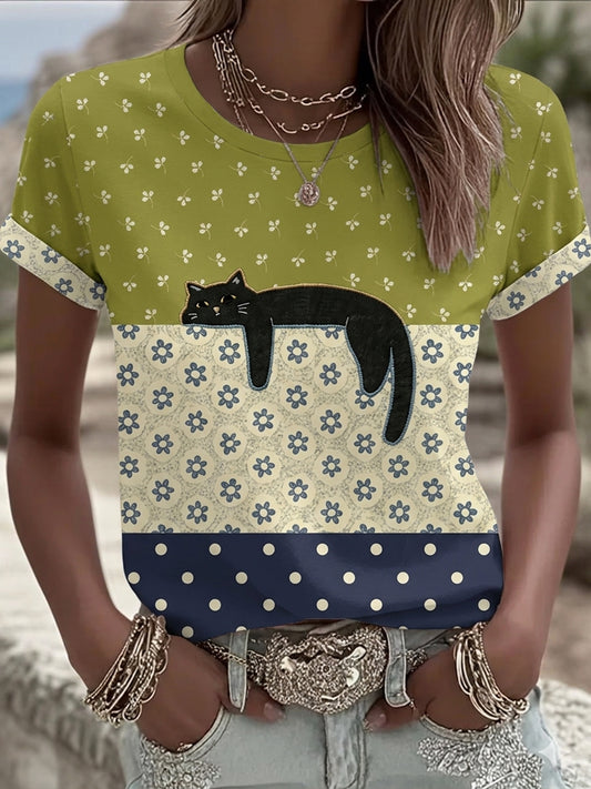 Damen schwarze Katze mit Blumengrafik Lässiges Kurzarm-T-Shirt
