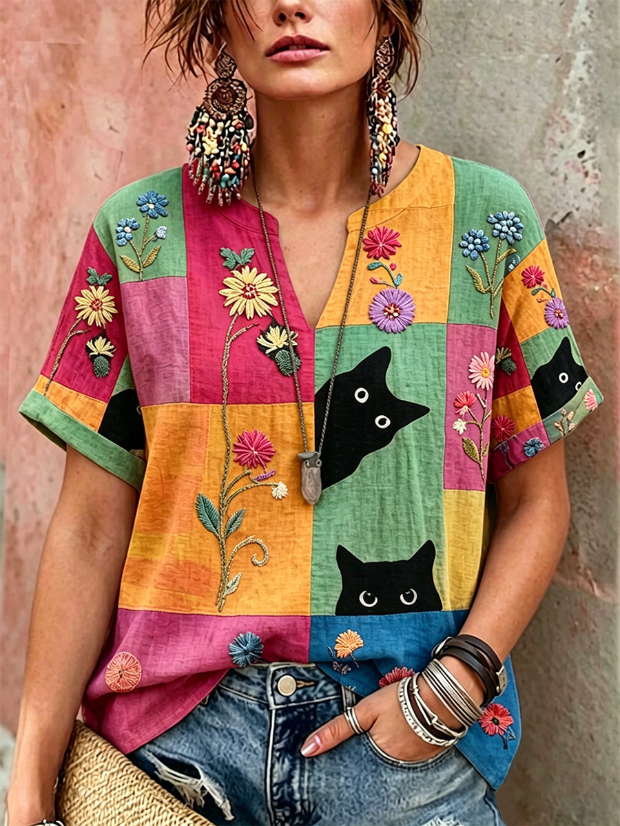 Damen Retro Floral Katzen Print Freizeit hemd