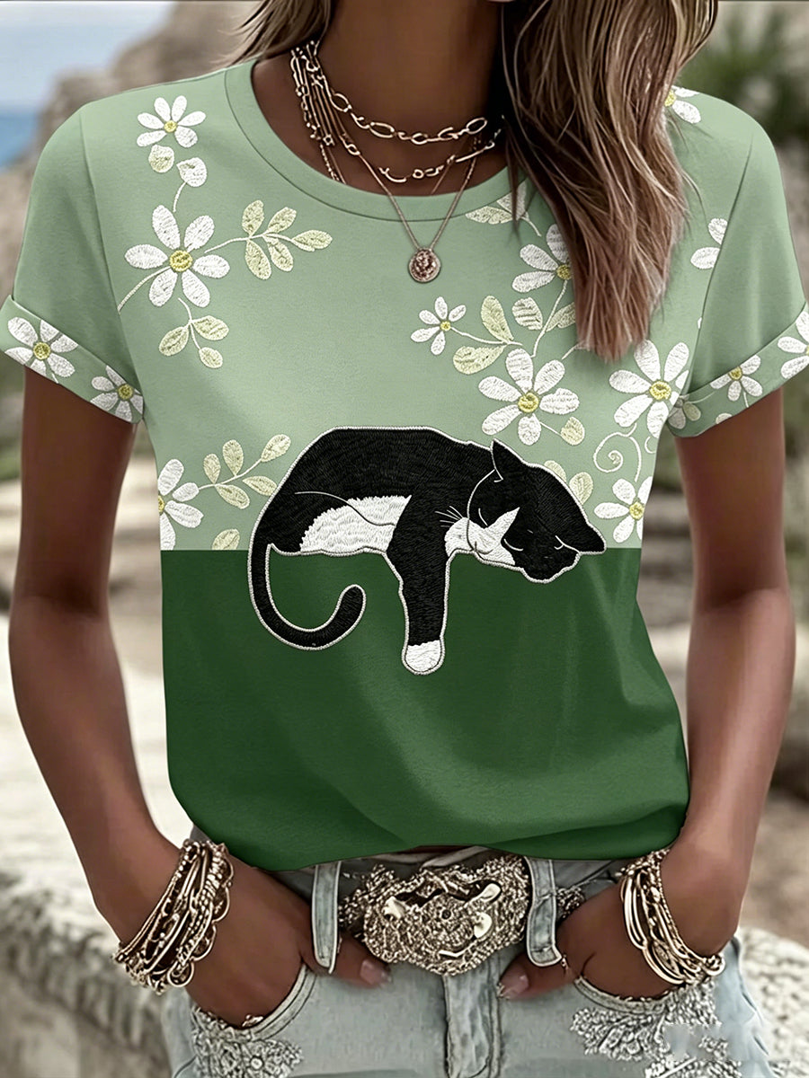 Damen-T-Shirt in Schwarz mit Katzen- und Blumenmotiv, lässig, kurze Ärmel