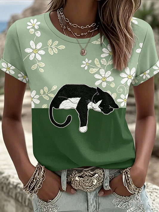Damen-T-Shirt in Schwarz mit Katzen- und Blumenmotiv, lässig, kurze Ärmel