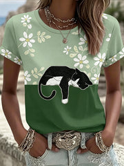 Damen-T-Shirt in Schwarz mit Katzen- und Blumenmotiv, lässig, kurze Ärmel
