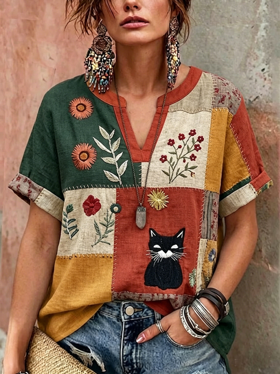 Damen-Retro-Blumenkatzen-Print-Lässiges V-Ausschnitt-Shirt