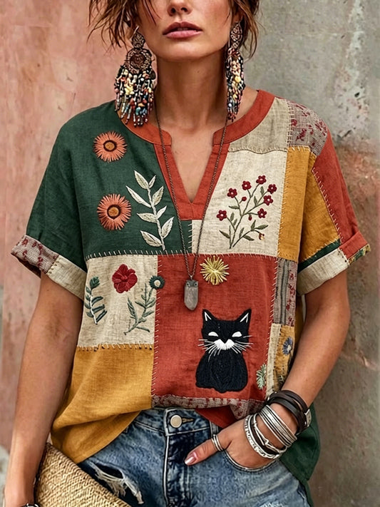 Damen-Retro-Blumenkatzen-Print-Lässiges V-Ausschnitt-Shirt