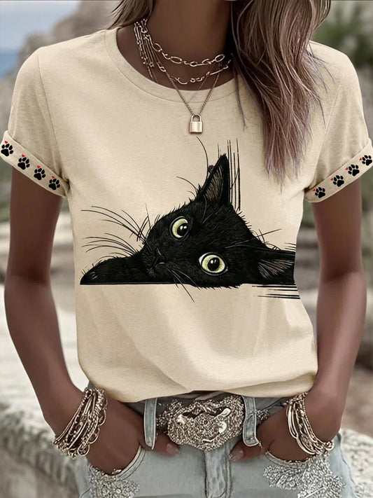 Frauen schwarze Katze Kunst Grafik Lässiges T-Shirt mit kurzen Ärmeln