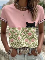 Damen-T-Shirt in Schwarz mit Katzen- und Blumenmotiv, lässig, kurze Ärmel