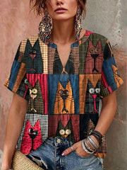 Damen Retro Katzen Print lässiges V-Ausschnitt Hemd