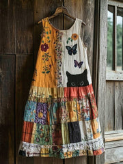 Damen Retro Floral Cat Print Lässiges ärmelloses Midi-Kleid