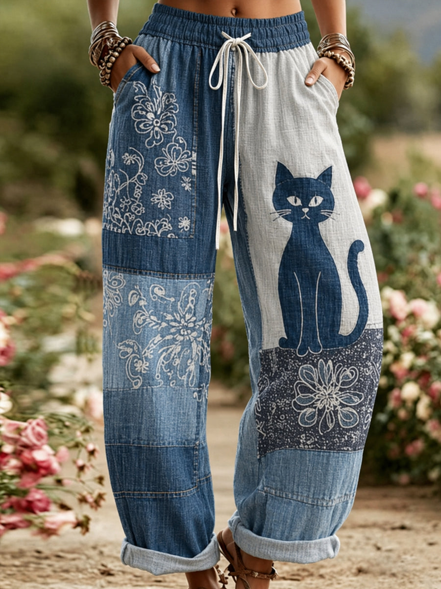 Lässige Hosen mit Blumen-Katzen druck für Damen