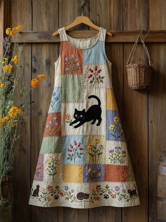 Damen-Retro-Midi-Kleid im Blumen- und Katzen-Print, lässig, ärmellos