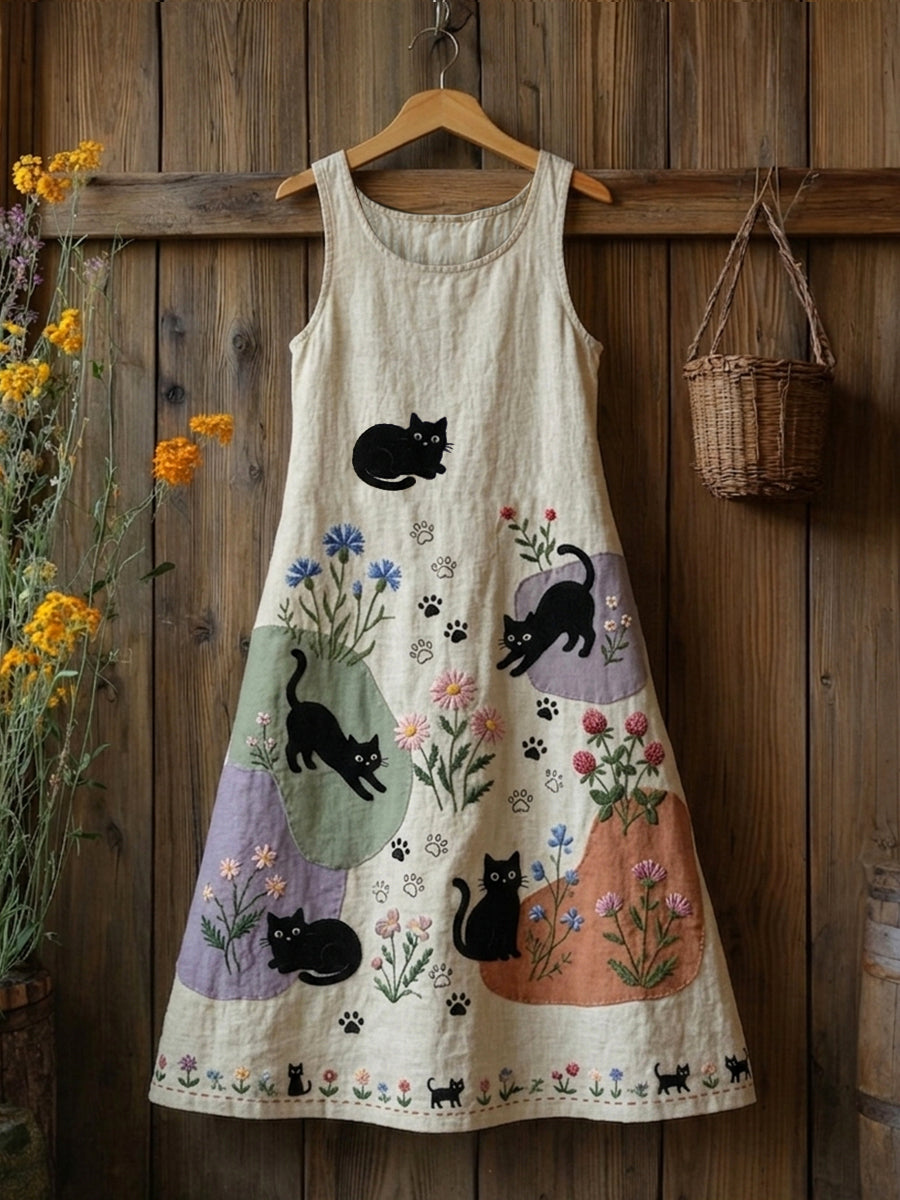 Damen Retro Floral Katzen druck Lässiges ärmelloses Midi-Kleid