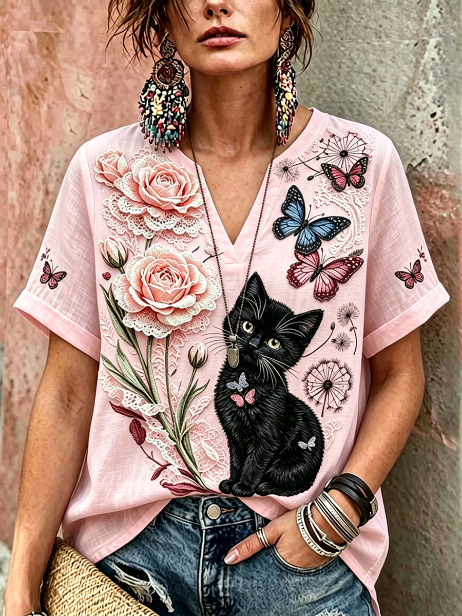 Damen schwarze Katze mit Blumen-Freizeit-Leinen-Kurzarm-Shirt