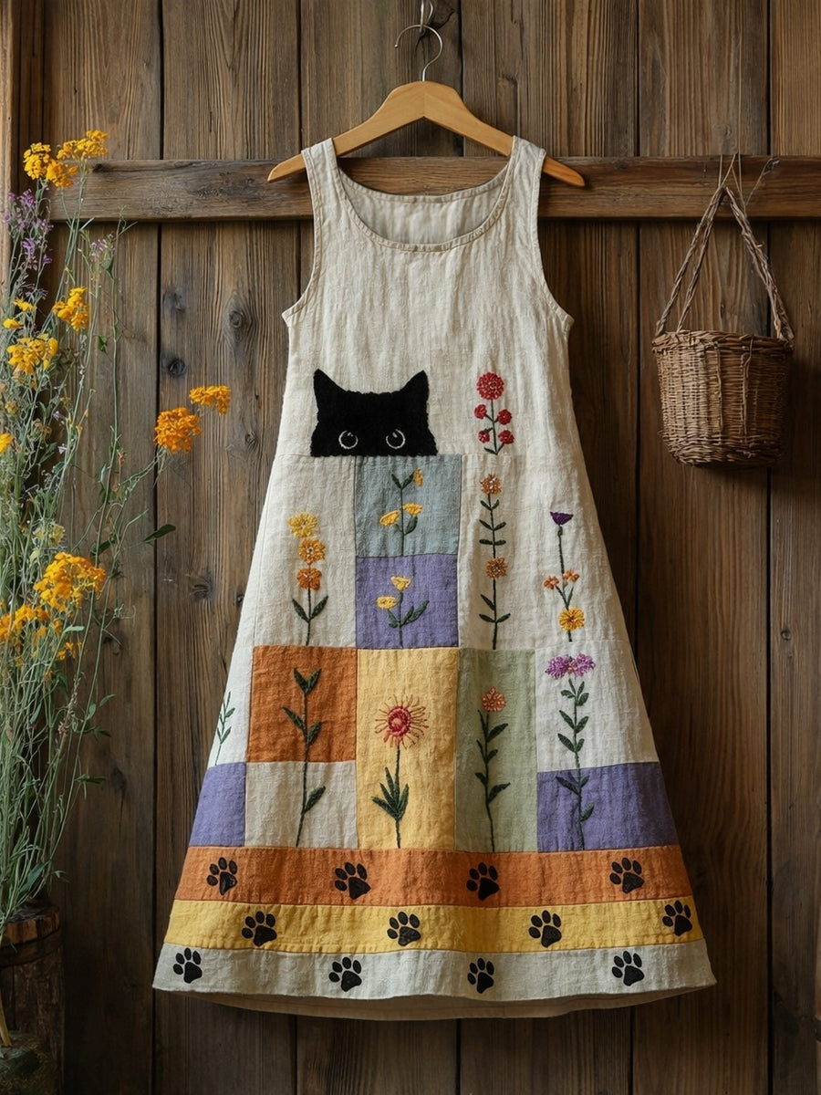 Damen süßes, lustiges, blumiges, Katzen muster, lässig ärmelloses Midi-Kleid