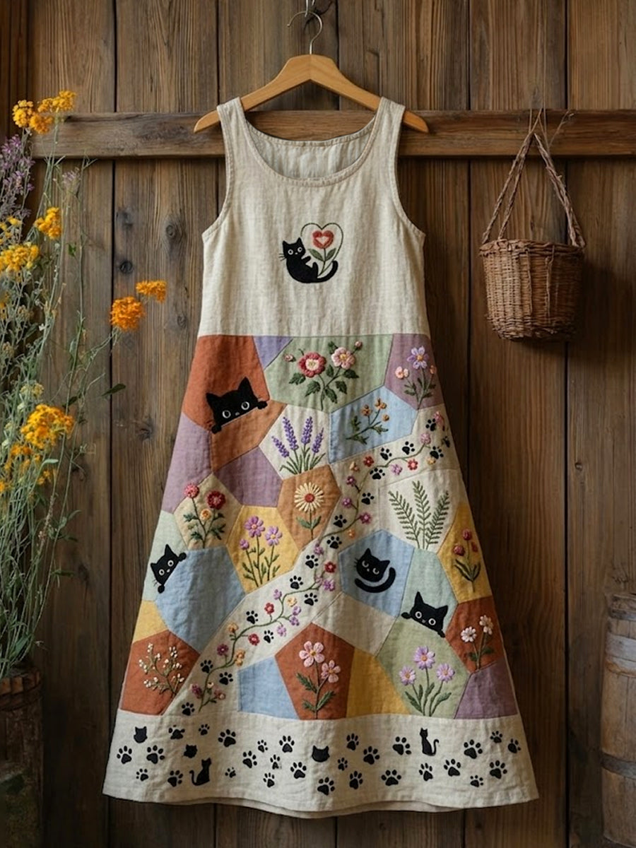 Damen-Retro-Midi-Kleid im Blumen- und Katzen-Print, lässig, ärmellos