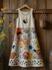 Damen-Retro-Midi-Kleid im Blumen- und Katzen-Print, lässig, ärmellos