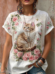 Damen niedliche Katze mit Blumen-Freizeit-Leinen-Kurzarm-Shirt