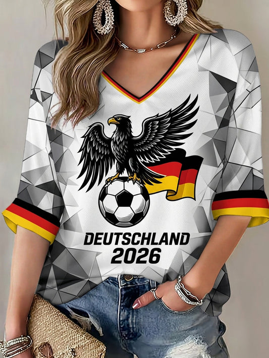 Damen-T-Shirt mit deutschem Fußballmotiv, bedruckt, mittellange Ärmel, V-Ausschnitt