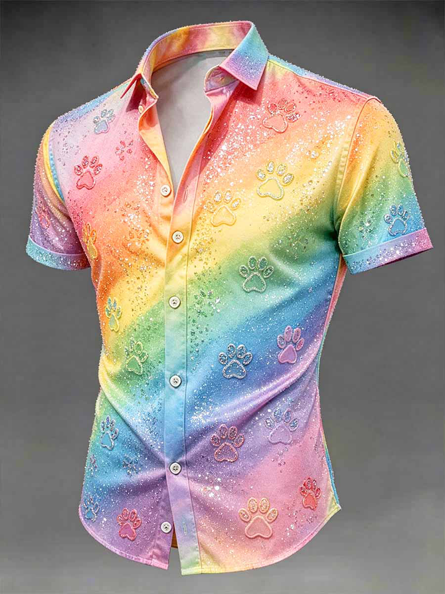 Herren-Regenbogen-Hundepfote-Kurzarm-Shirt