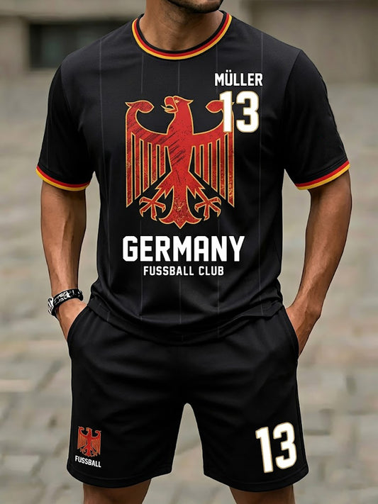 Herren-Set bestehend aus bedrucktem T-Shirt und Shorts für deutsche Fußballfans