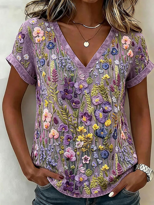 Damen-Floral-Art-Print-Lässiges T-Shirt