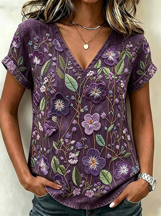 Damen-Floral-Art-Print-Lässiges T-Shirt
