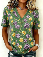 Damen-Floral-Art-Print-Lässiges T-Shirt