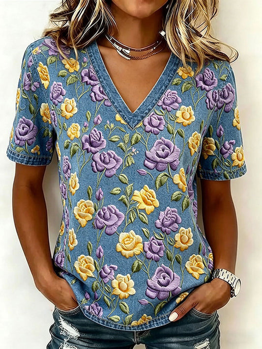 Damen-Floral-Art-Print-Lässiges T-Shirt