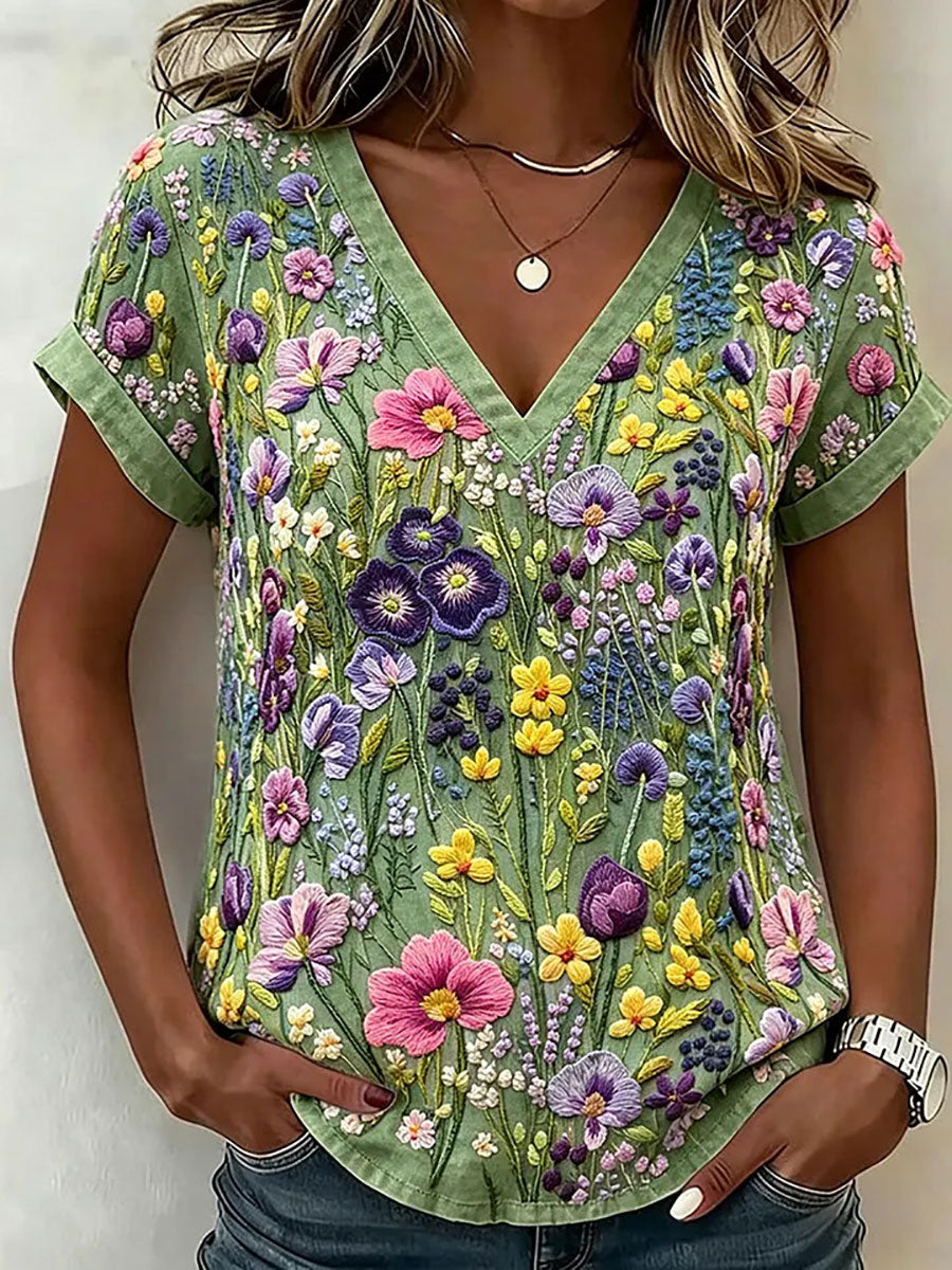 Damen-Floral-Art-Print-Lässiges T-Shirt