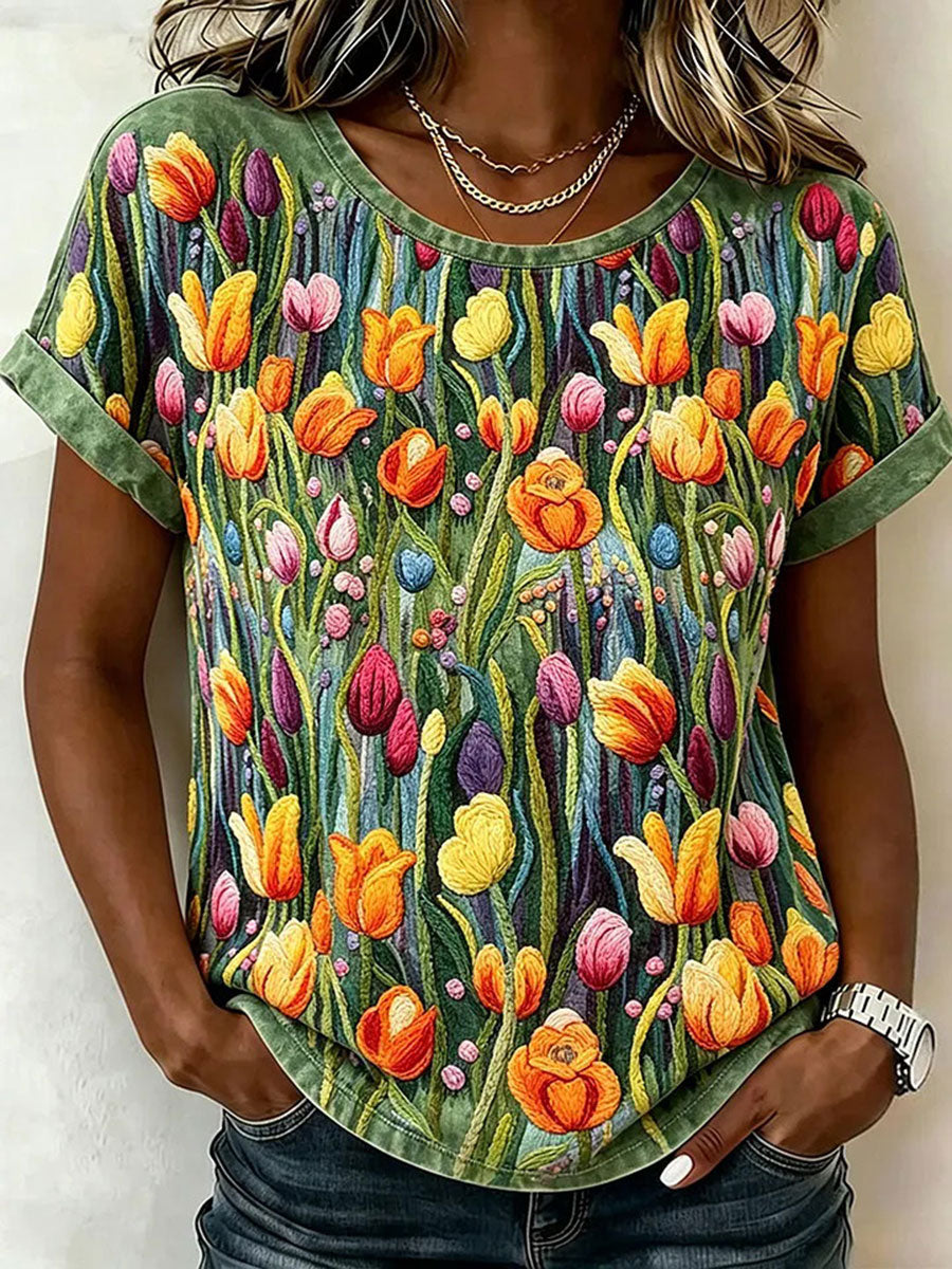 Damen-Floral-Art-Print-Lässiges T-Shirt