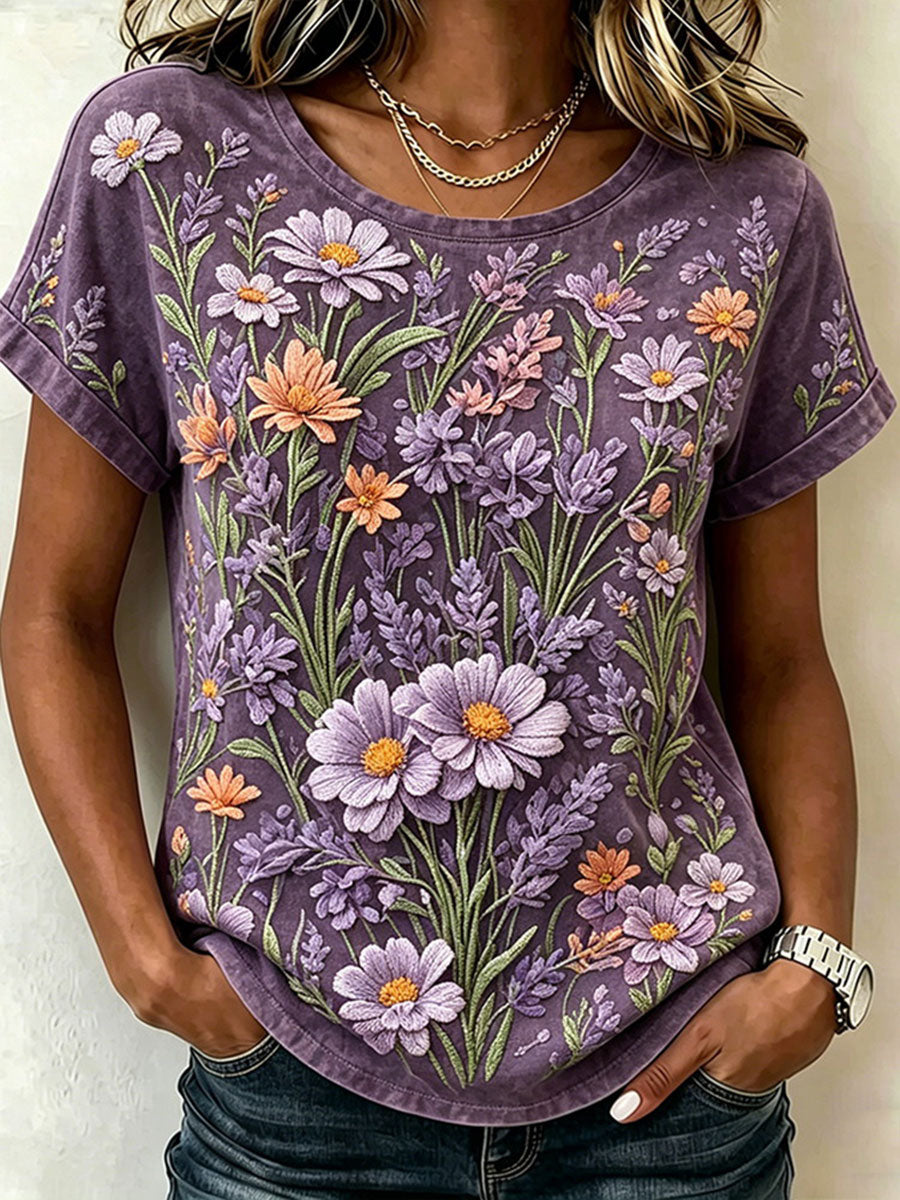 Damen-Floral-Art-Print-Lässiges T-Shirt