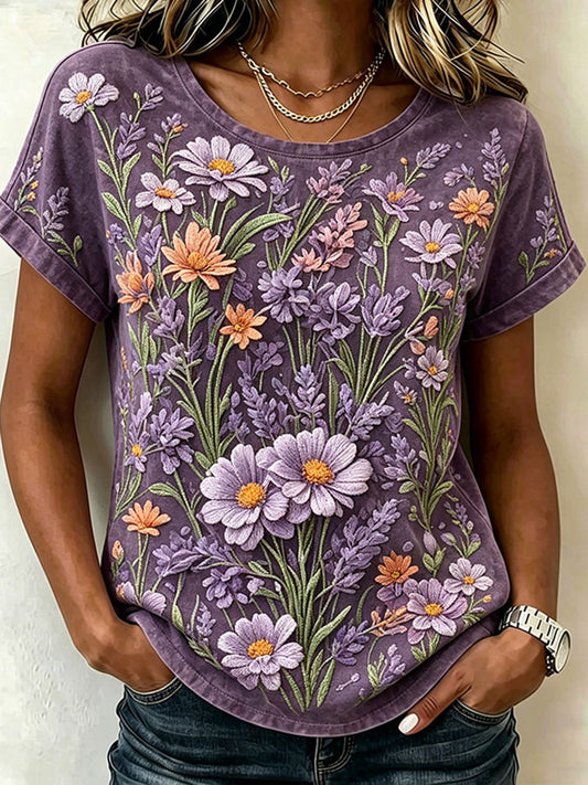 Damen-Floral-Art-Print-Lässiges T-Shirt