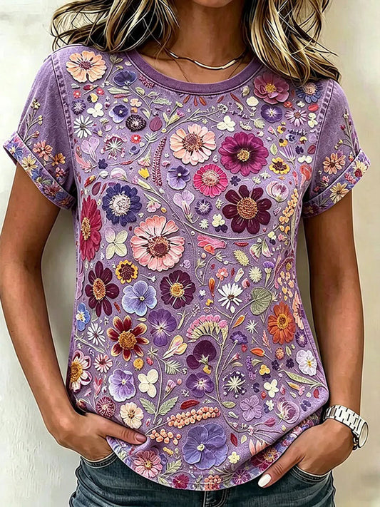 Damen-Floral-Art-Print-Lässiges T-Shirt