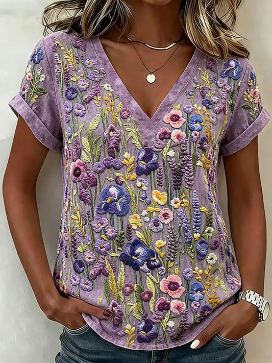 Damen-Floral-Art-Print-Lässiges T-Shirt