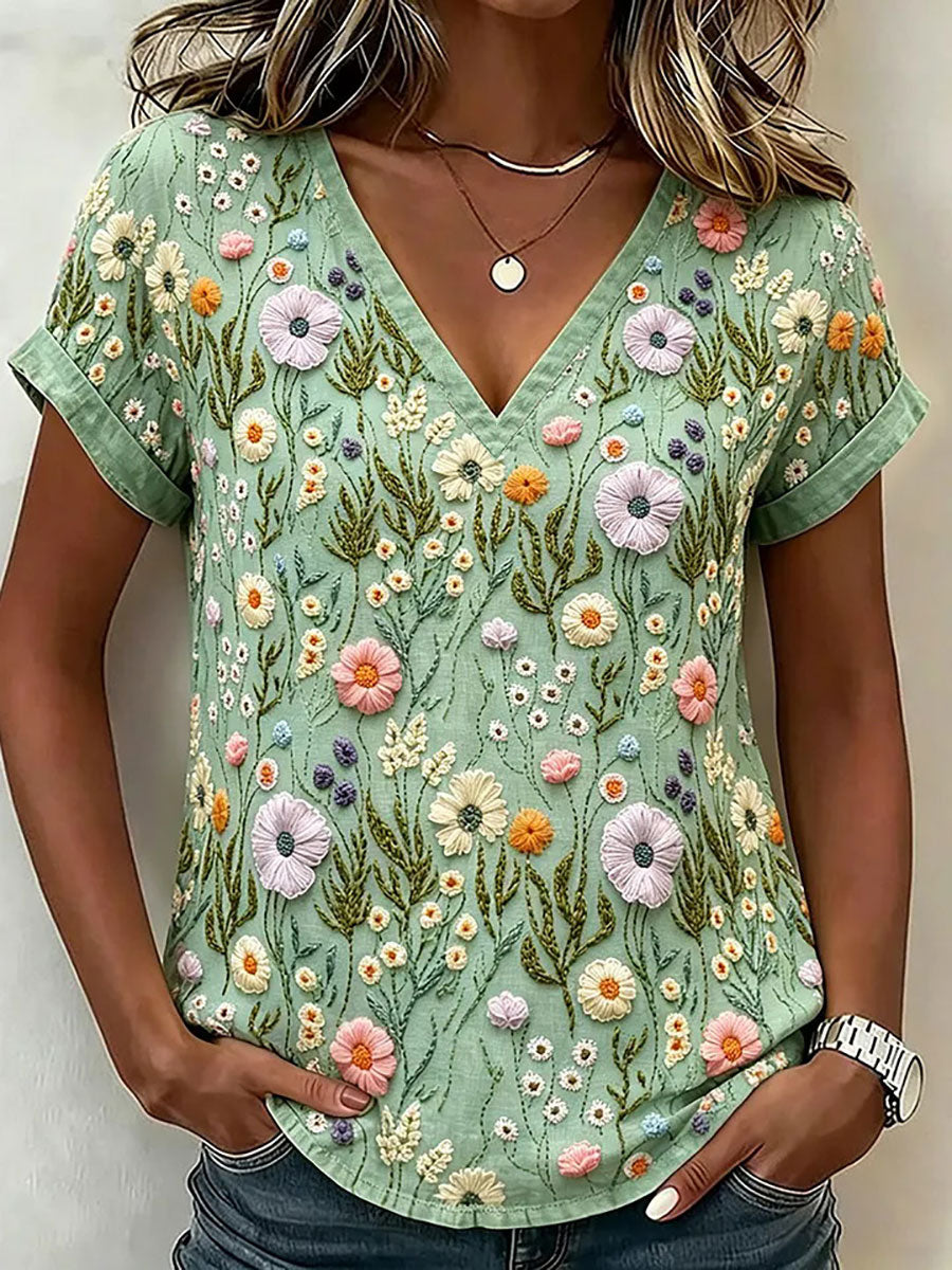 Damen-Floral-Art-Print-Lässiges T-Shirt