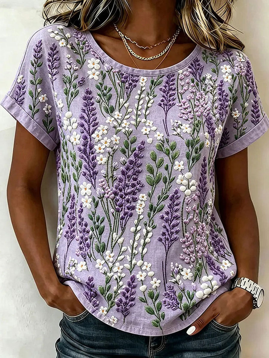 Damen-Floral-Art-Print-Lässiges T-Shirt