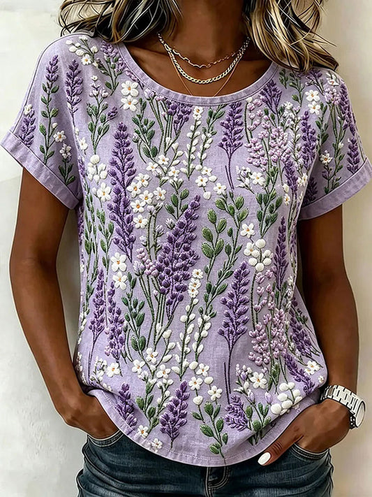 Damen-Floral-Art-Print-Lässiges T-Shirt