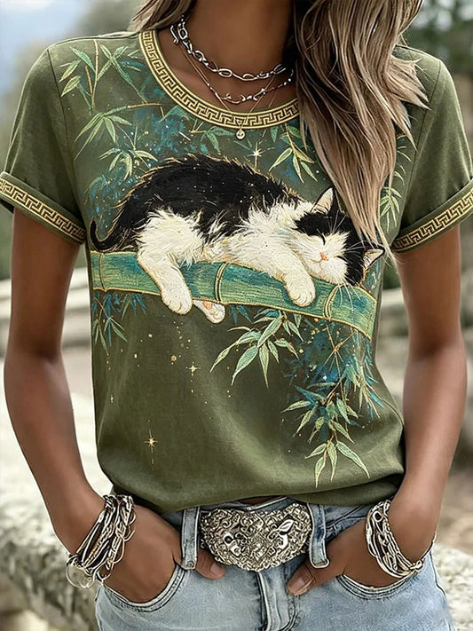 Frauen Casual T-Shirt mit Katze und Tier Stickerei & Print