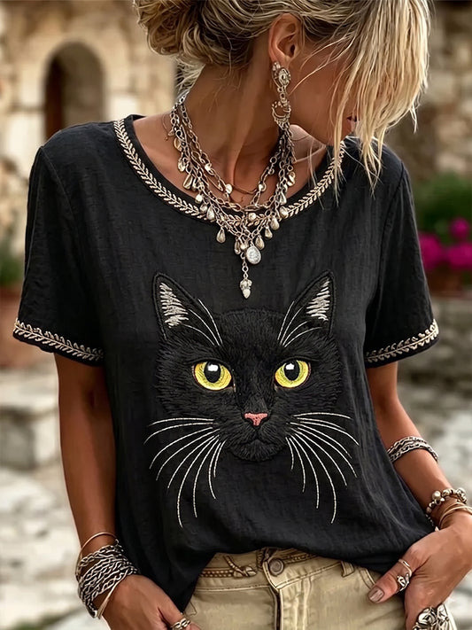 Damen-Top im Vintage-Stil mit schwarzer Katzen-Gesichts-Optik, aus Leinen, Rundhalsausschnitt, kurze Ärmel
