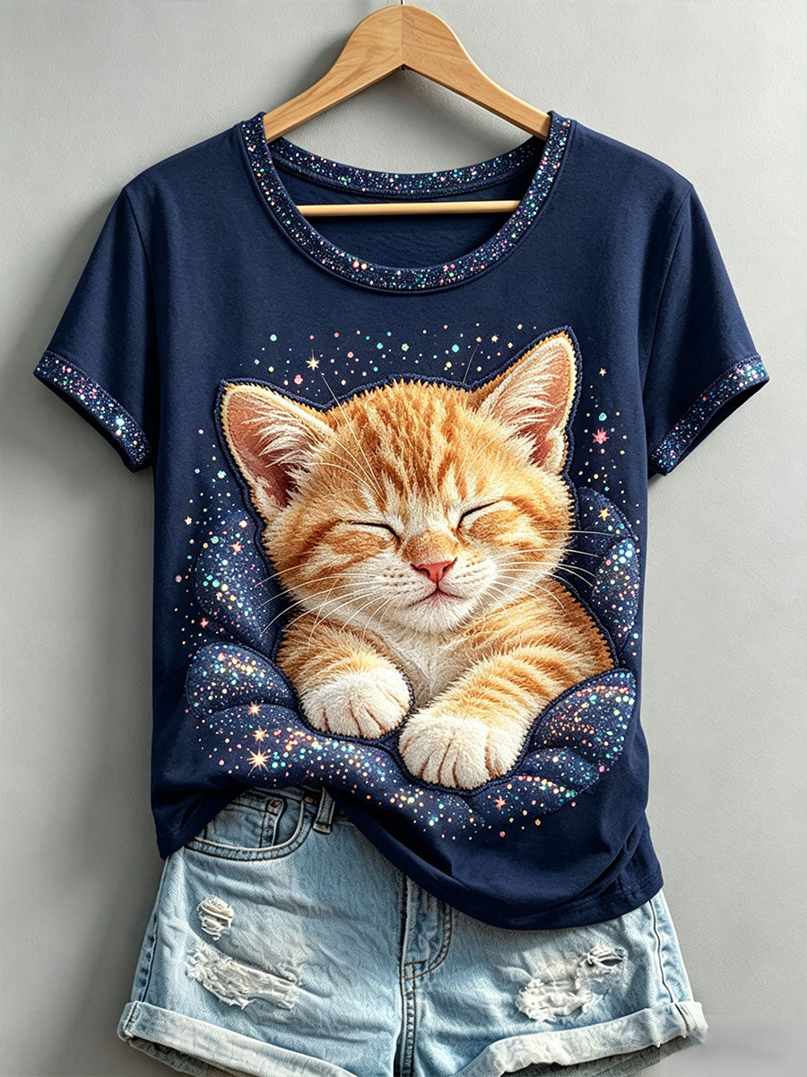 Damen-T-Shirt mit einer schlafenden Katze