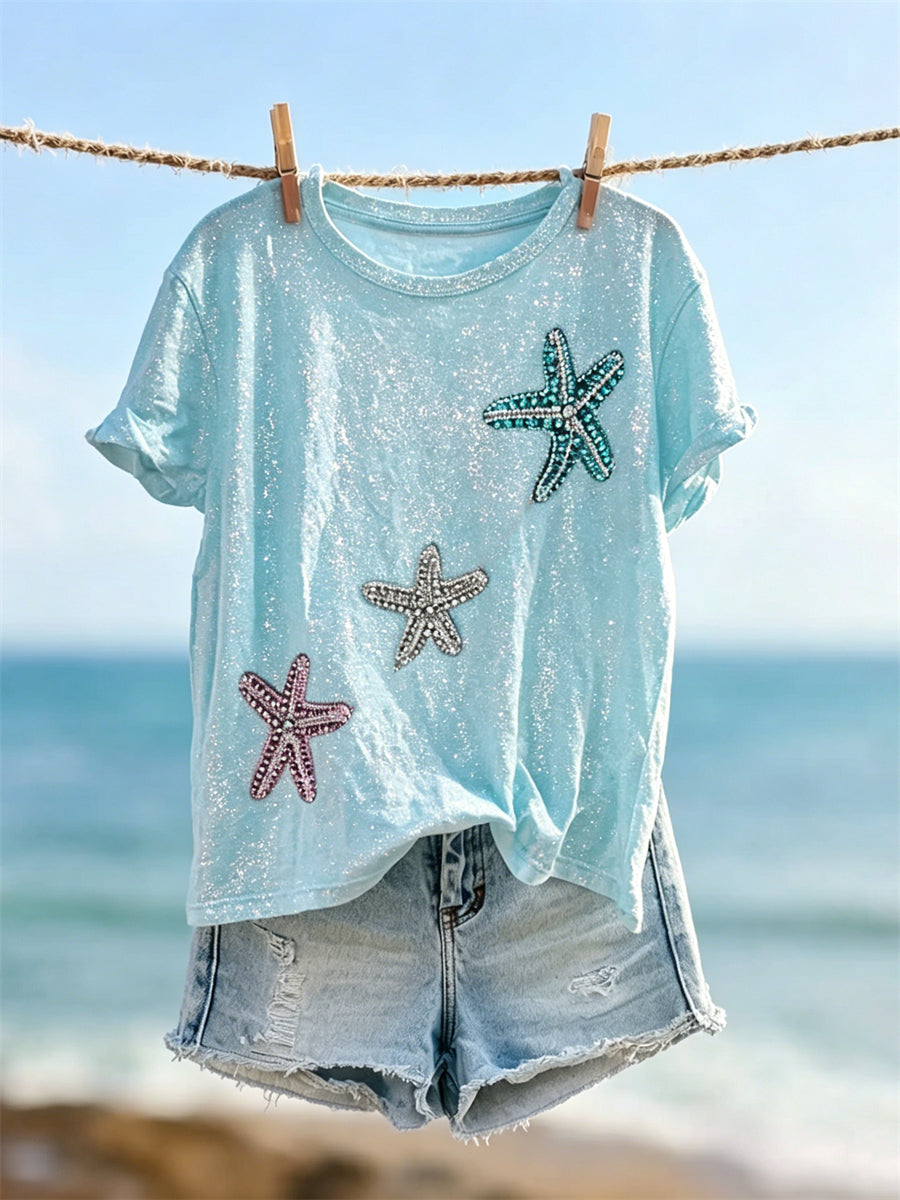 Damen-T-Shirt mit Sternen- und schimmerndem-Meeres-Print, kurze Ärmel
