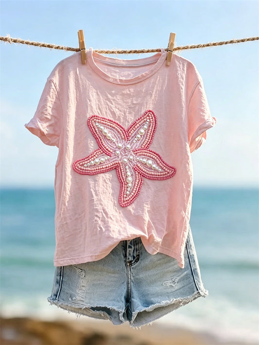 Damen-edles Sternenfisch-Perlen-Kunstdruck-T-Shirt mit kurzen Ärmeln