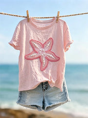 Damen-edles Sternenfisch-Perlen-Kunstdruck-T-Shirt mit kurzen Ärmeln