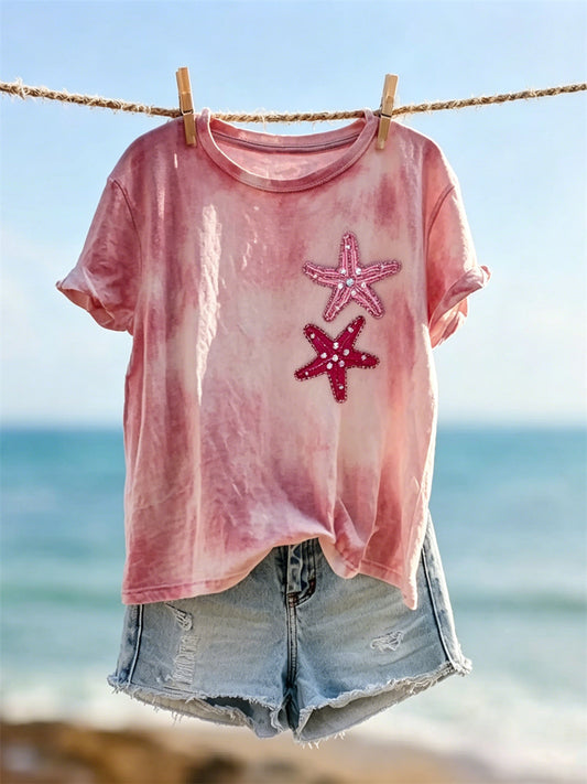 Damen Glitzer-Seestern-Kunstdruck Batik-Shortsleeve-T-Shirt
